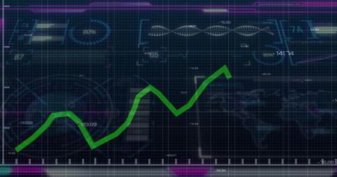 Holographic Dashboard Showing Rising Green Trend Line on Futuristic Analytics Interface