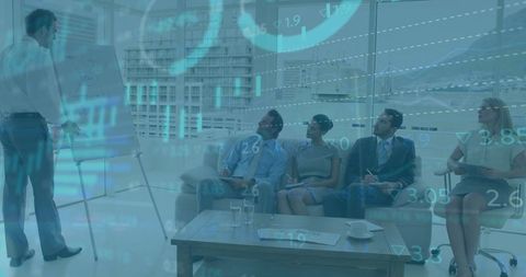 Team Presentation with Financial Data Overlay in Modern Office