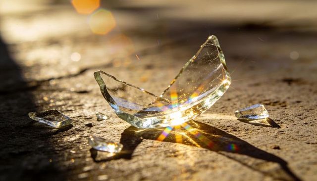 Sunlit glass shards casting rainbow flare and prismatic reflections on textured concrete