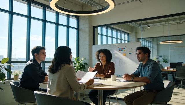 Diverse team collaborating around round table in sunlit modern office planning strategy