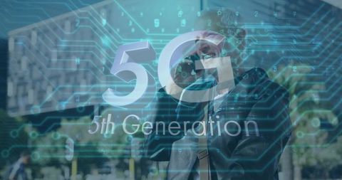 Commuter talking on 5G smartphone with holographic circuit overlay, 5G connectivity concept