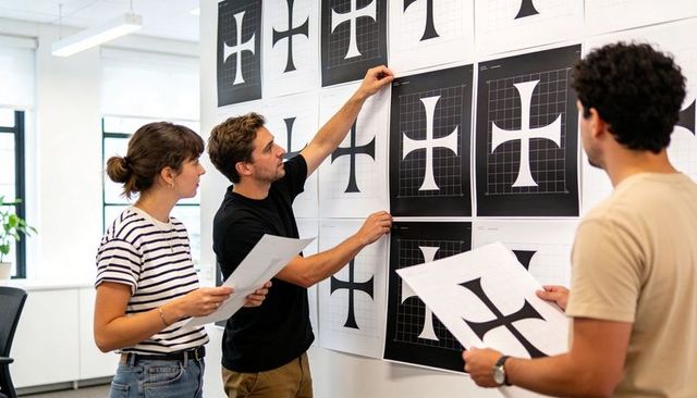 Designers reviewing logo grid prints on wall collaborating on minimalist brand identity