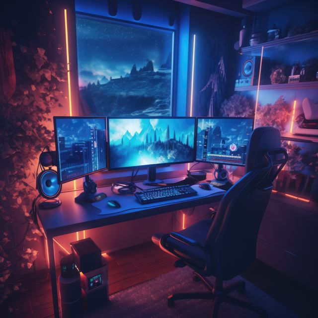 This photo features a high-tech gaming setup with three monitors displaying a sci-fi scene. The room is illuminated by vibrant neon lights in hues of blue and pink. The desk is organized with computer peripherals, and a comfortable gaming chair is positioned in front. Ideal for illustrating modern gaming environments, tech blogs, gaming reviews, and promotional content for computer and gaming gear.
