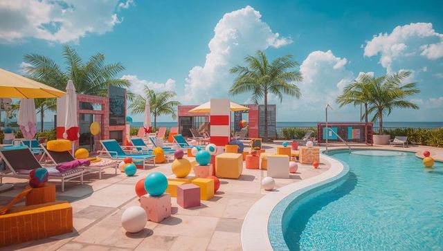 Curved tropical resort pool with colorful geometric deck, palm trees, sunny seaside