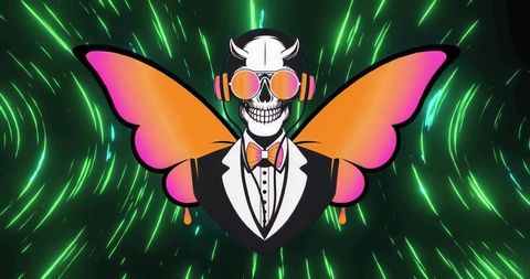 Skull wearing tuxedo and butterfly wings, sporting headphones and sunglasses in neon cyberpunk