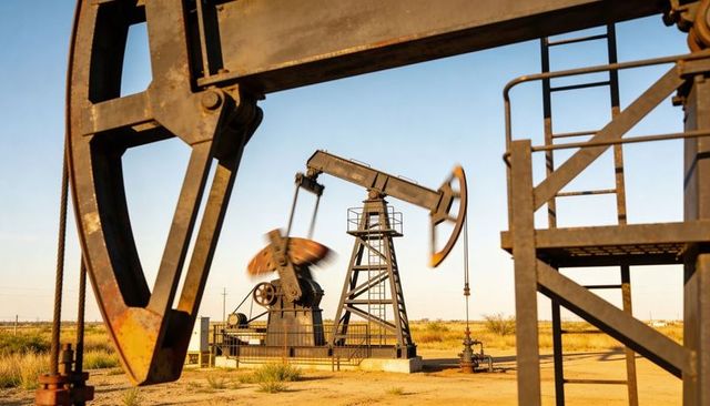 Pumpjack operating at golden hour with rusted wheel framing industrial oil field machinery