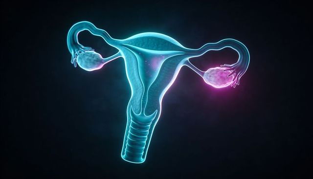 Glowing 3d uterus with neon fallopian tubes and magenta ovaries on dark background