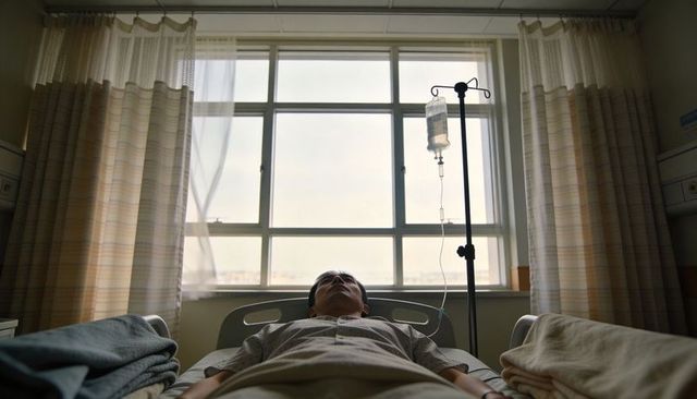 Male patient reclining on hospital bed by window receiving iv therapy, calm daylight room