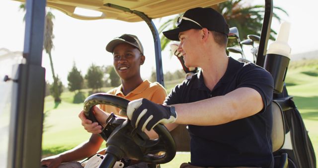 Image of happy diverse male friends driving cart on golf field. sporty, active lifestyle and playing golf concept.