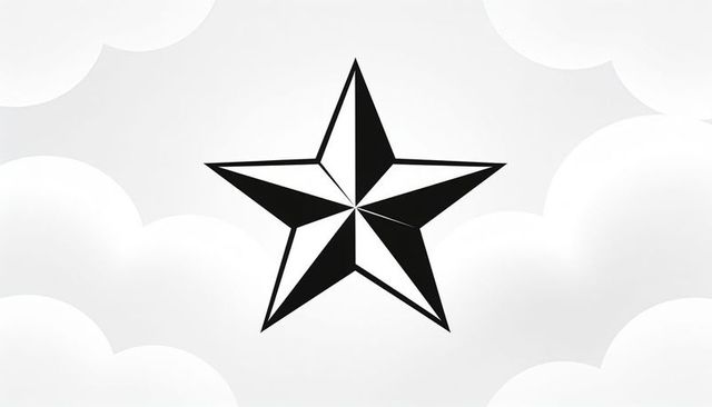Floating monochrome faceted five-point star over soft layered clouds, minimalist vector