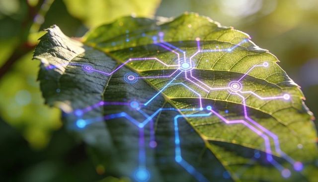 Sunlit leaf glowing with neon circuit veins representing biohybrid technology and ai nature