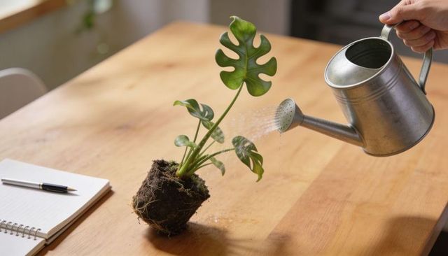 Hand watering mini monstera seedling on wooden table with notebook for plant care