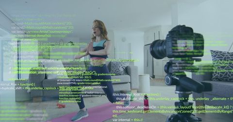 Woman Practicing Yoga with Digital Code Overlay