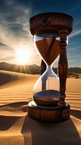 Rotating ornate hourglass pouring sand across desert dunes at sunset vertical loop