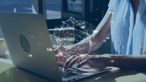 Woman Working on Laptop with Abstract Network Interface