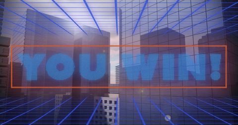 Futuristic 'You Win' Overlay in Digital Cityscape