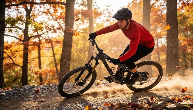 Mountain biker leaning into turn on autumn gravel trail kicking up dust and falling leaves