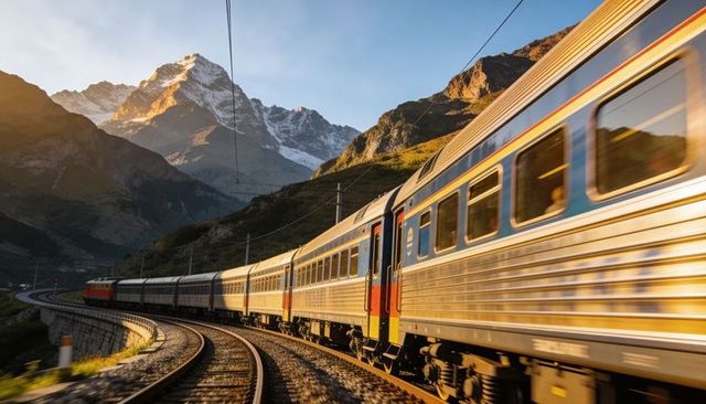 High-speed train racing through alpine valley at golden hour on curving tracks