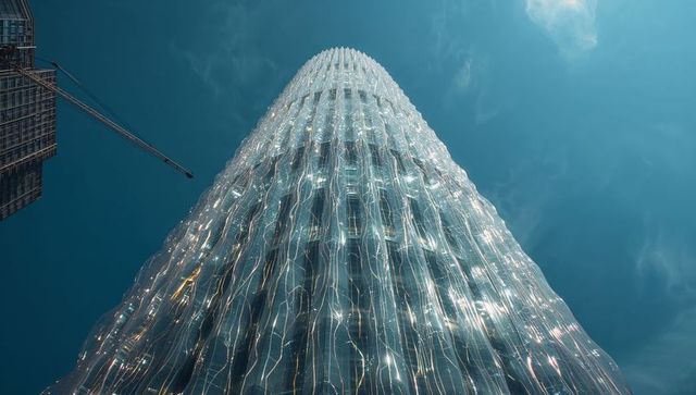 Undulating glass tower reflecting blue sky rippling facade catching light urban crane