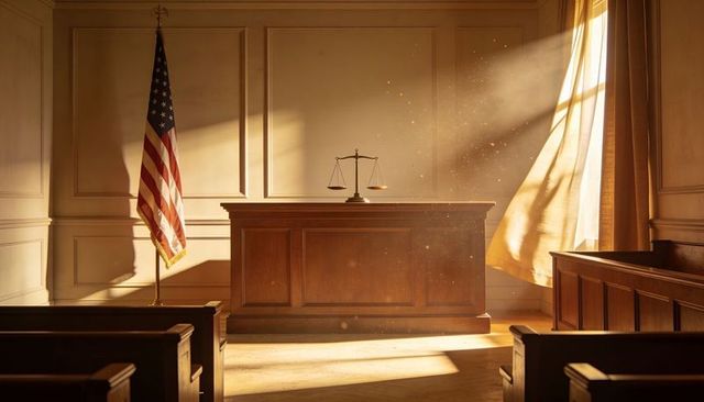 Sunlit judge bench with scales of justice and american flag, warm wood courtroom interior