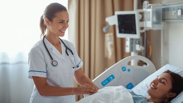 Smiling nurse adjusting blanket and checking monitor for patient in hospital bedside care