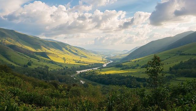 Sunlit meandering river carving lush green valley between rolling hills under cloud sky
