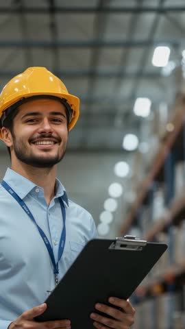 Inspecting Warehouse Inventory on Clipboard | Vertical Video of Hard Hat Supervisor