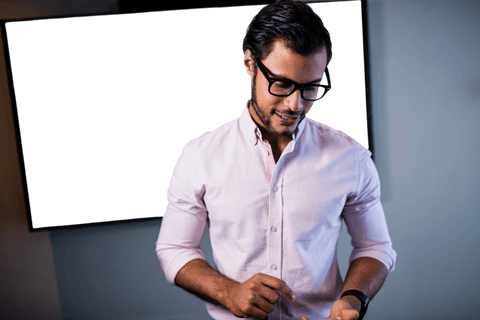 Transparent business professional with eyeglasses in modern office