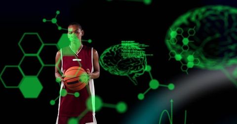 Female Basketball Player with Futuristic Brain Data Overlay