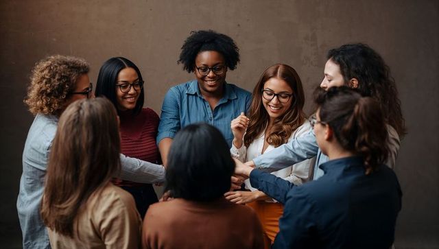 Diverse professional women forming teamwork circle stacking hands, celebrating unity