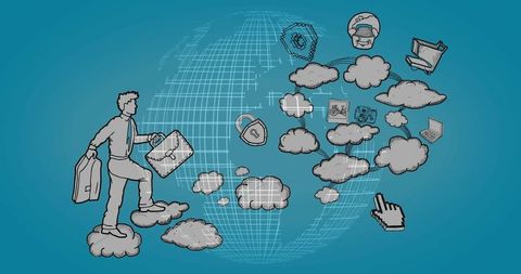 Businessman Stepping through Cloud Technology Landscape