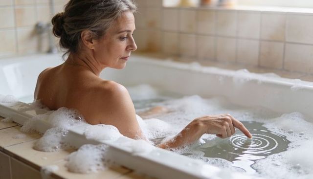 Senior woman relaxing in bubble bath touching water and making ripples in sunlit tub