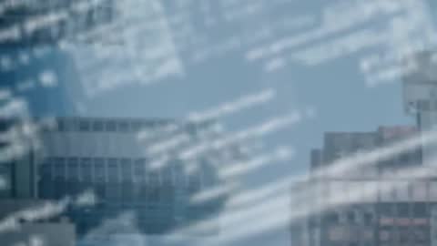 Digital Code Streams Flowing Over Urban Skyscrapers