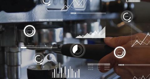 Barista locks portafilter on smart espresso machine with digital data graphics