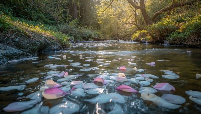 Sunlit rose petals drifting on mossy forest creek at golden hour, tranquil woodland stream