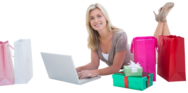 Happy Blonde Woman Shopping Online with Laptop Surrounded by Bags and Gifts on Transparent Backdrop - Download Free Stock Videos Pikwizard.com