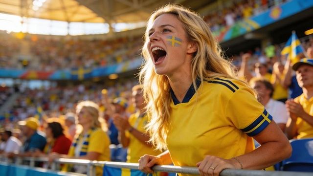 Swedish female fan cheering and waving flag in yellow jersey leaning on stadium railing