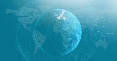 Digital globe with dotted world map and global network connections highlighting Asia hubs