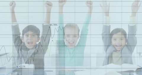 Happy kids celebrating success over graph background
