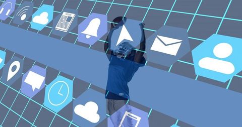 Man engaging with futuristic digital interface in cyber grid environment