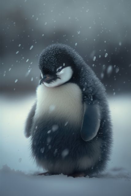 Penguin looking to the side with snow in the background, created using generative ai technology. animals and antarctica concept.