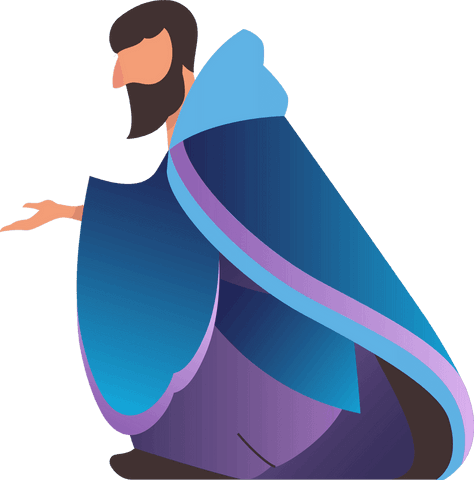 Mystical sage in blue hooded cloak on transparent background