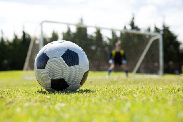 This image captures a close-up view of a soccer ball on a grassy field with a goalkeeper standing in the background near the goal. Ideal for use in sports-related content, advertisements for soccer equipment, training programs, or articles about soccer techniques and strategies.