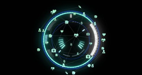 Futuristic digital interface with data circles on dark background