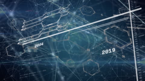 Abstract Digital Data Network with Floating Geometric Shapes