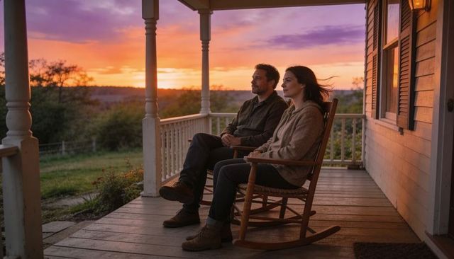 Couple watching sunset from country porch in rocking chairs, cozy rustic evening portrait