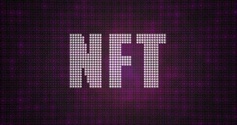 Glowing nft typography formed from led dot grid with magenta neon glow, futuristic crypto