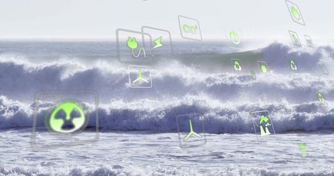 Sustainable Icons Over Ocean Waves Symbolizing Renewable Energy