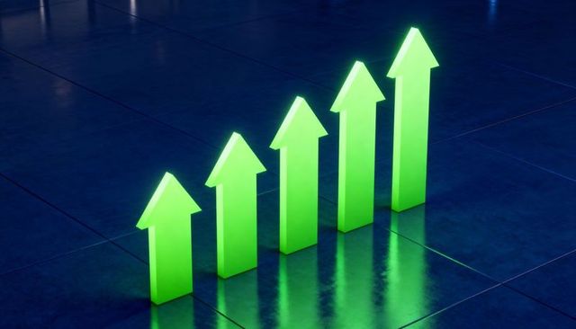 Neon green upward bar graph on reflective blue tiles showing business growth and progress