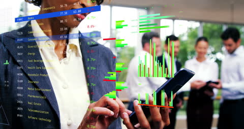 Confident Businesswoman Analyzing Stock Market Data on Tablet